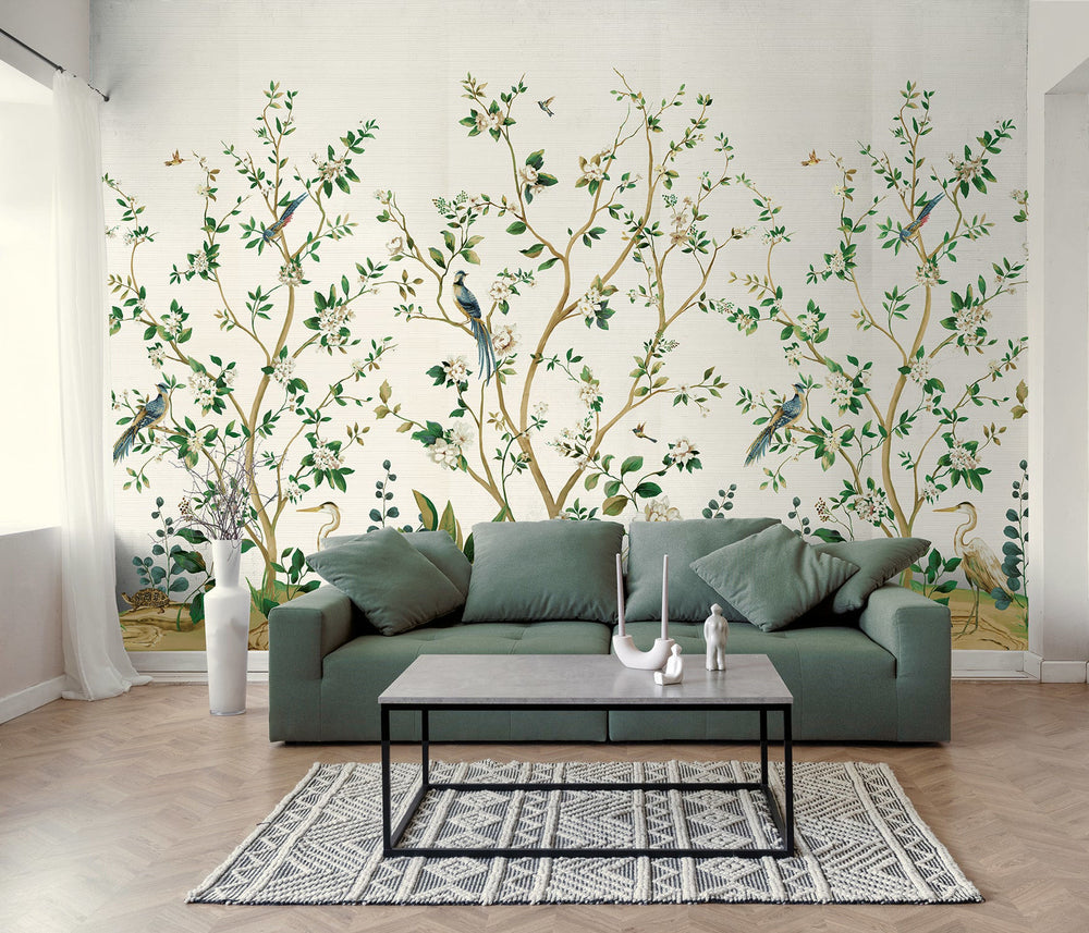 Heron Botanical Mural | Silver Grasscloth