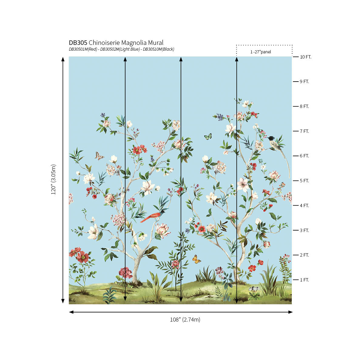 Chinoiserie Magnolia Mural | Sky Blue