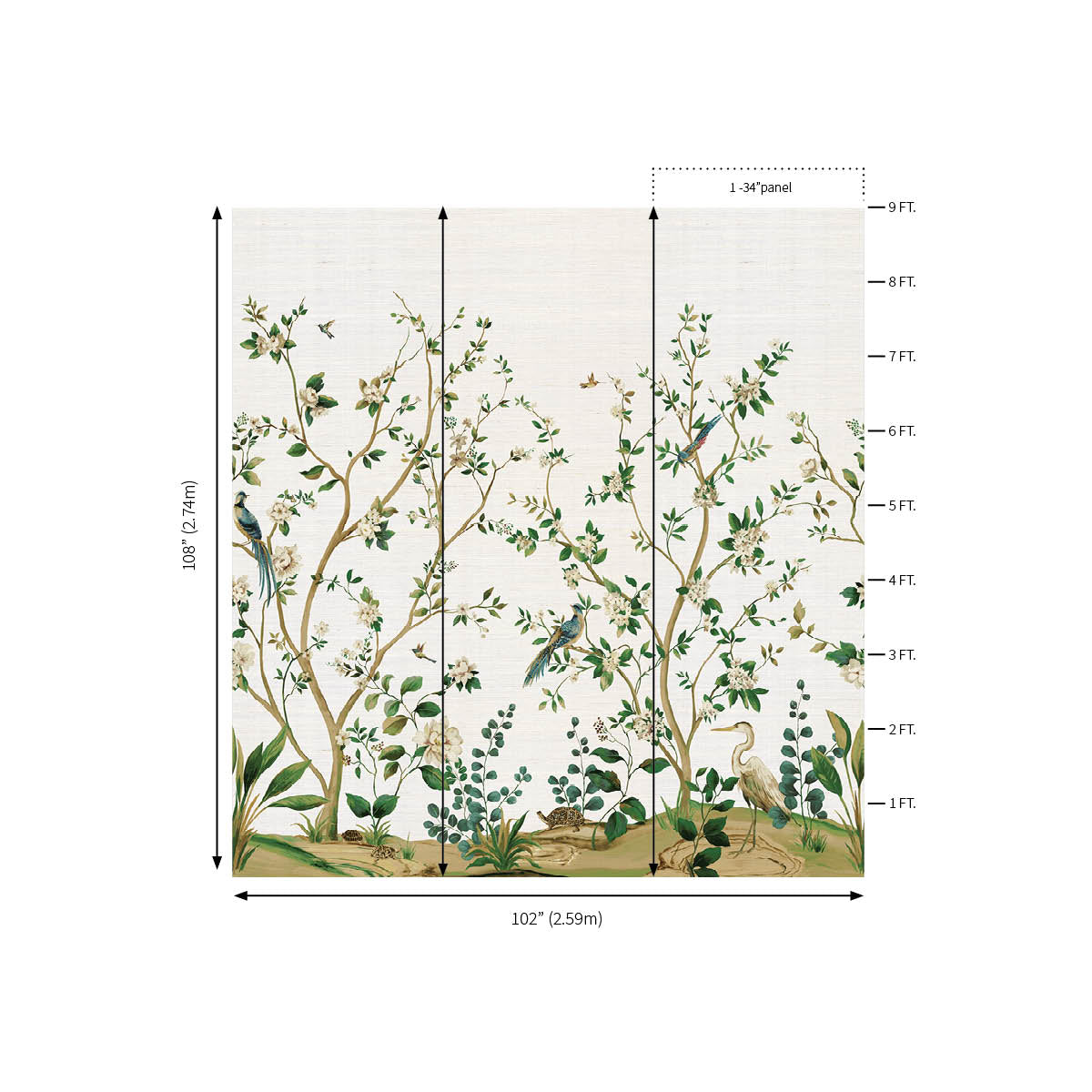 Heron Botanical Mural |  Silver Grasscloth
