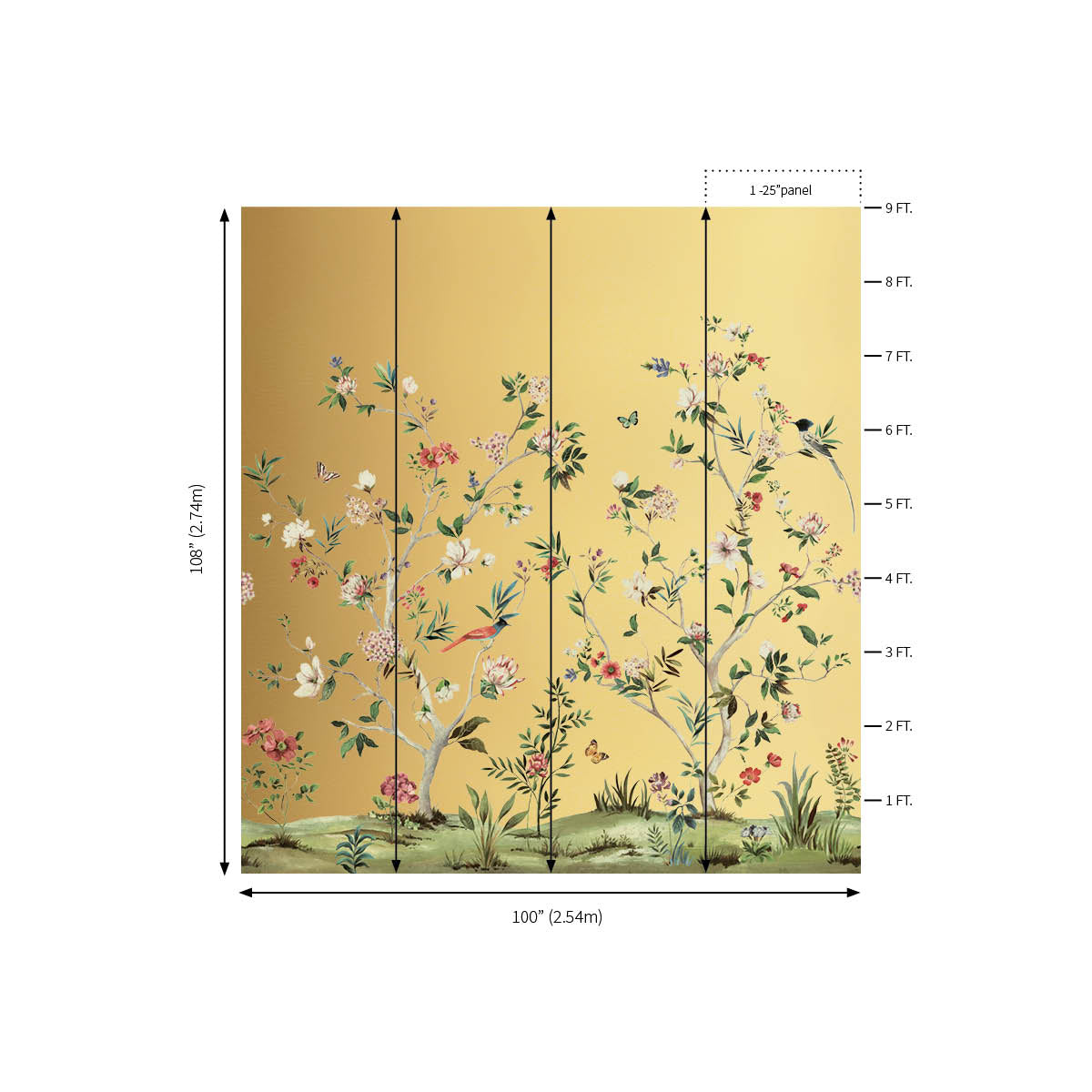 Chinoiserie Magnolia Mural | Gold Metalized Polyester | No Emboss