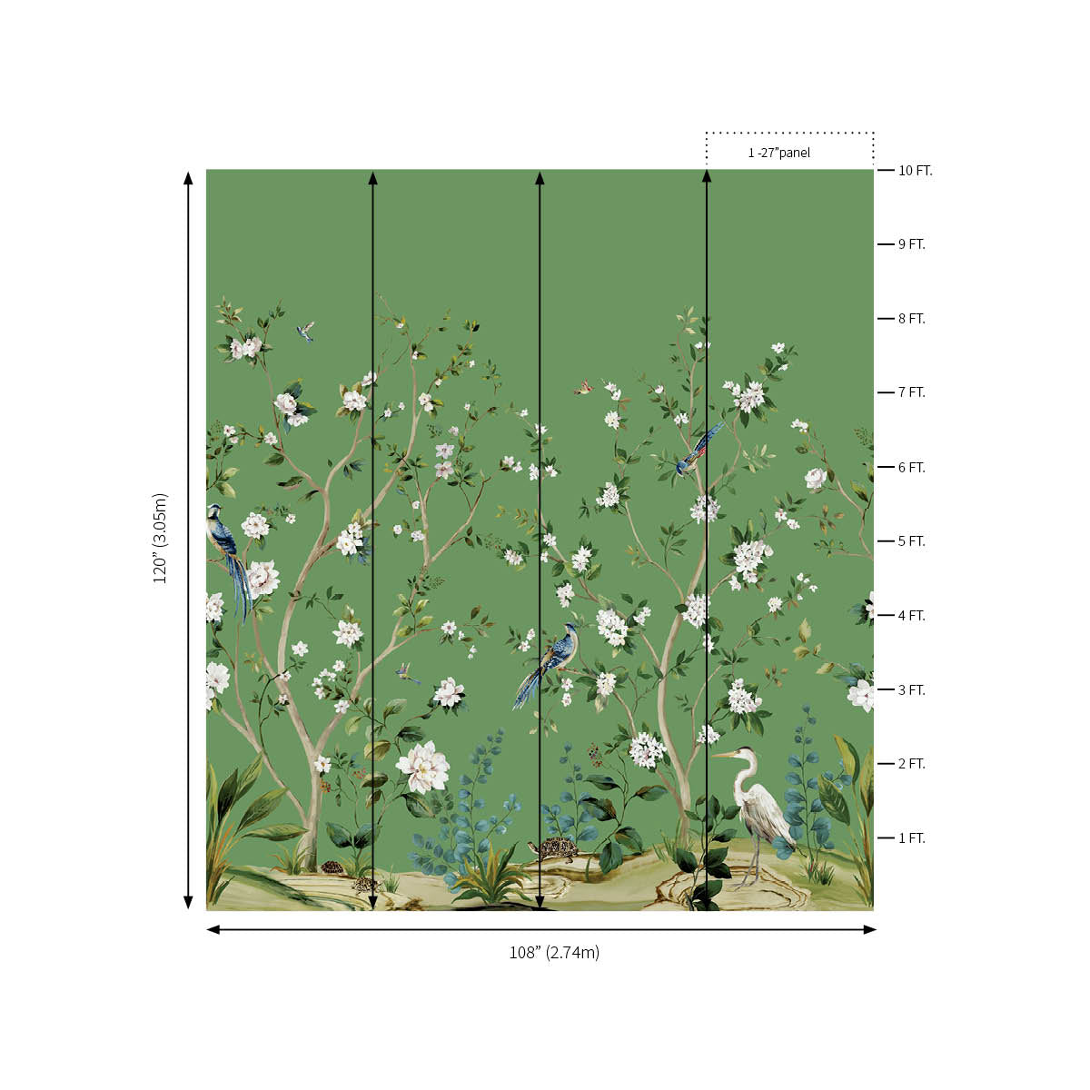 Heron Botanical Mural | Emerald Green