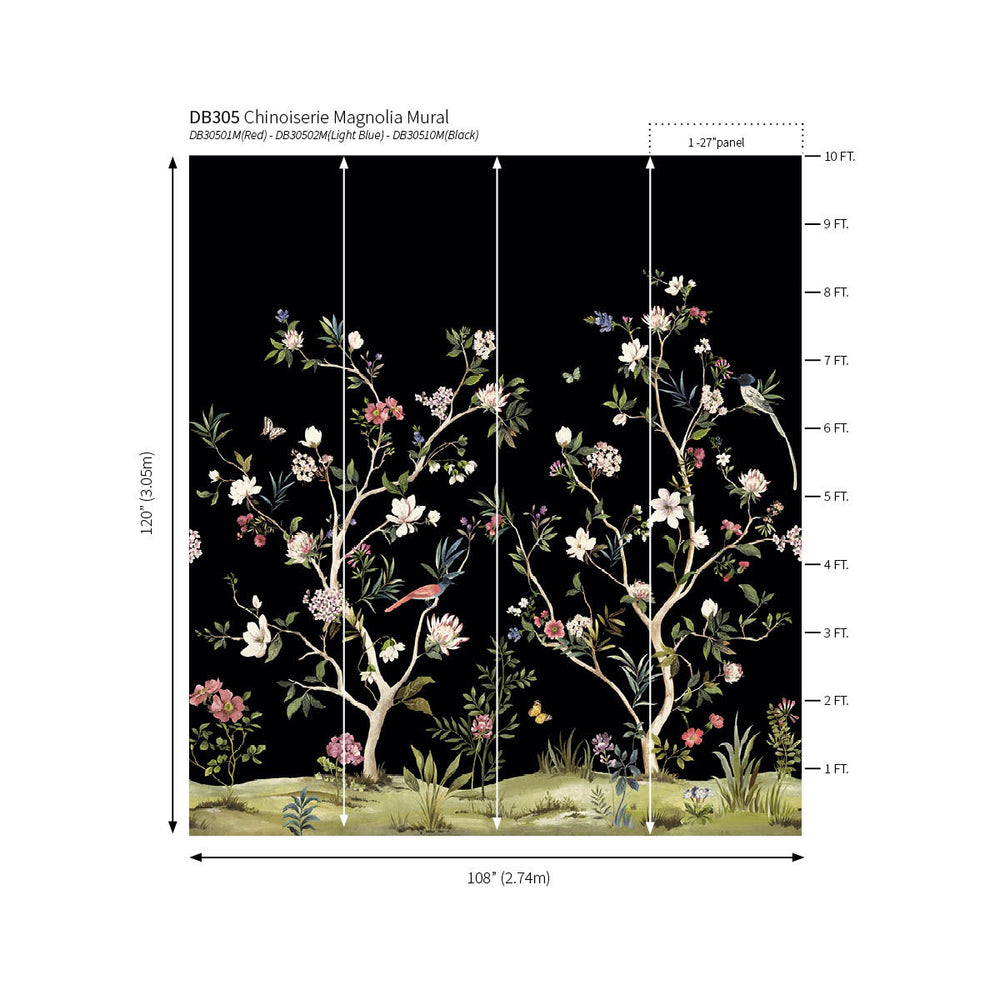 Chinoiserie Magnolia Mural | Matte Black