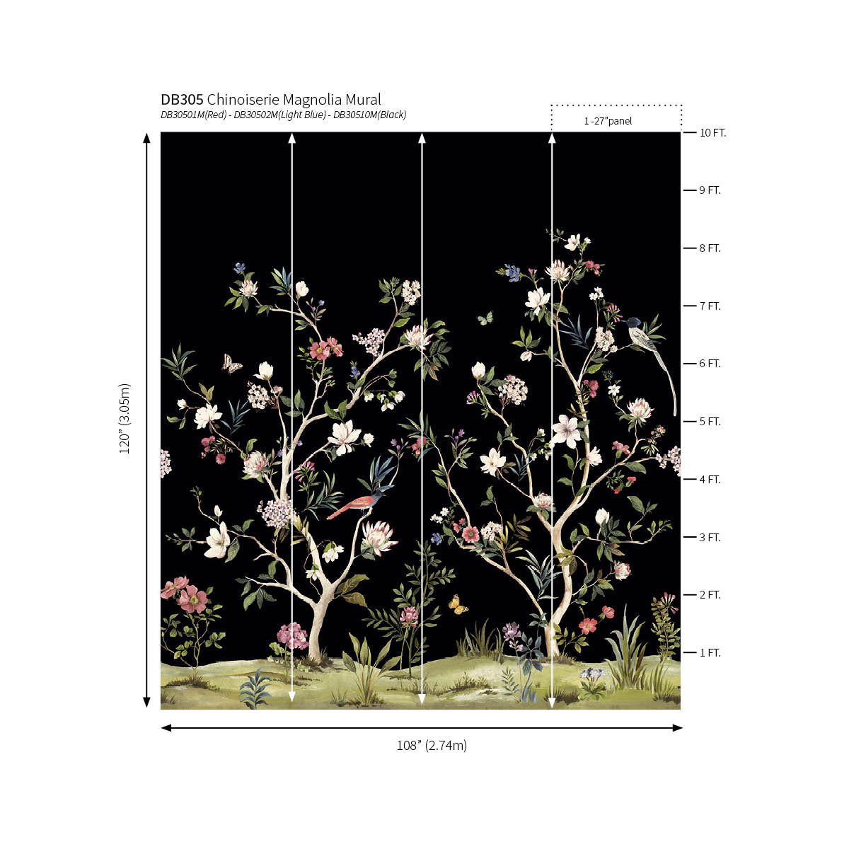Chinoiserie Magnolia Mural | Matte Black