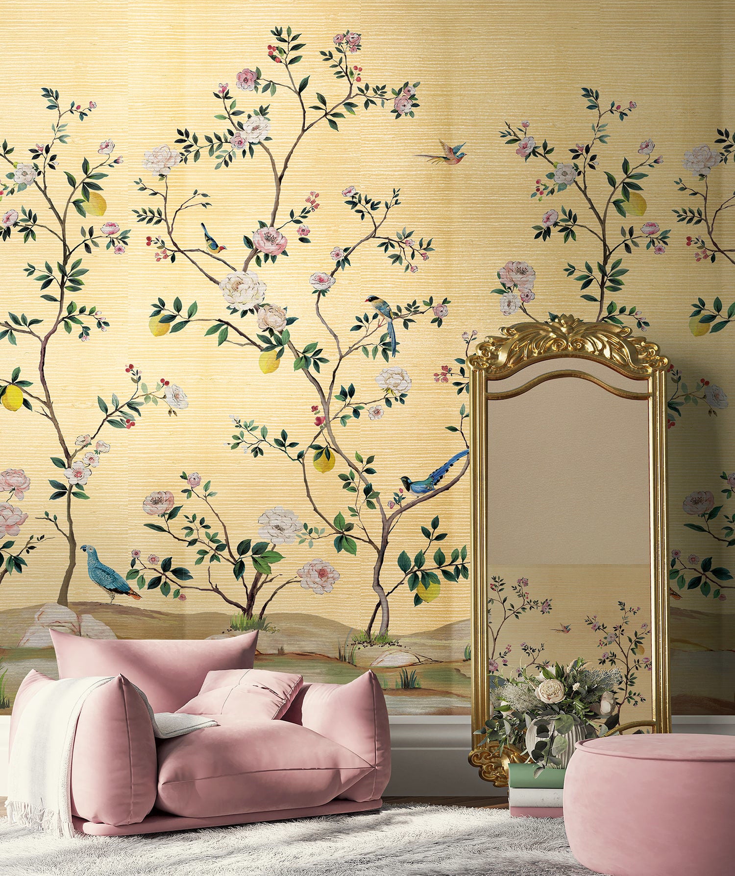 Blossom Chinoiserie Mural | Gold Grasscloth Metallic – Daisy