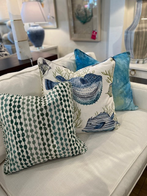 accent pillows in blue fish, stripe and watercolor.